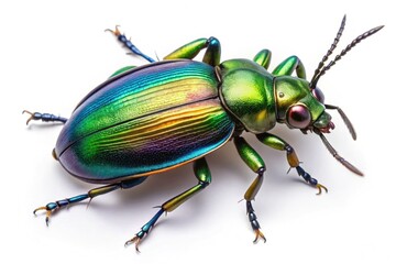 Fototapeta premium Forest Caterpillar Hunter, Calosoma Sycophanta Beetle, Closeup, White Background, Insect Photography, Macro Photography, Nature Photography
