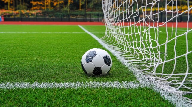 Soccer ball at goal line on green field.