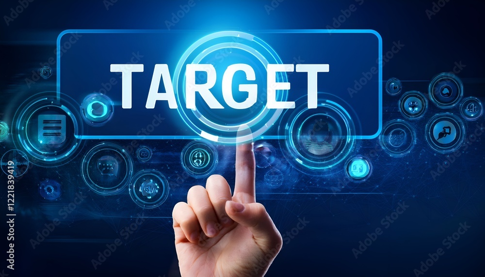 Poster hand pressing target button on interface with blue background business man touching target icon,hand