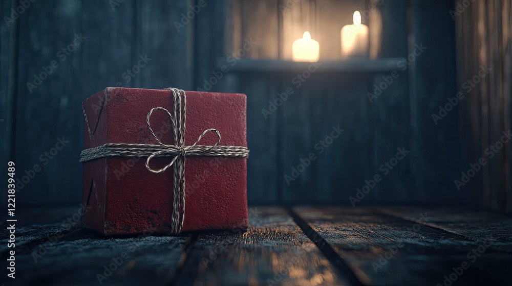 Poster rustic red gift box on wooden table with soft candlelight in background creating a cozy atmosphere f
