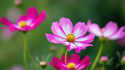 Obraz premium Vibrant pink flowers in bloom, showcasing delicate petals against a soft, green background Perfect for spring themes