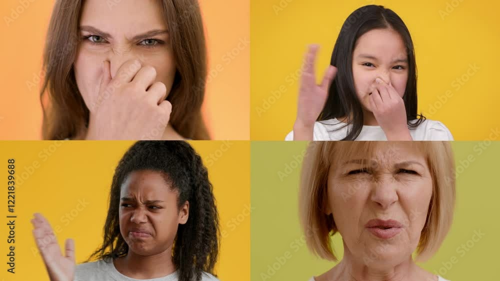 Poster four individuals showcase a range of emotions through gestures and expressions against bright backgr