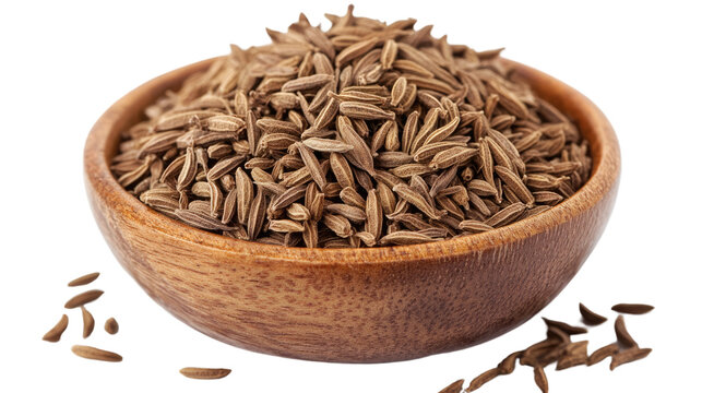 Cumin Seeds in Wooden Bowl: A close-up view of a wooden bowl overflowing with whole cumin seeds.  Their earthy aroma and rich flavor enhance countless culinary creations.
