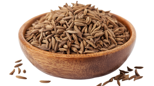 Cumin Seeds in Wooden Bowl: A close-up view of a wooden bowl overflowing with whole cumin seeds.  Their earthy aroma and rich flavor enhance countless culinary creations.