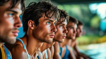 Group of young male athletes focused on competition, embodying teamwork and determination in a rowing event