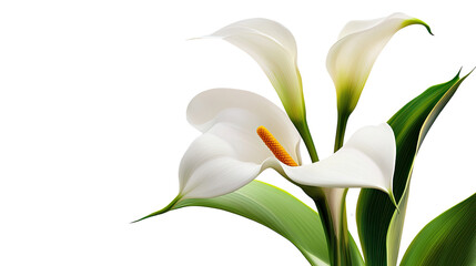 Fototapeta premium Elegant Calla Lilies: A trio of pristine white Calla lilies, with their distinctive trumpet-shaped blooms and lush green leaves, creates a stunning visual against a minimalist backdrop.