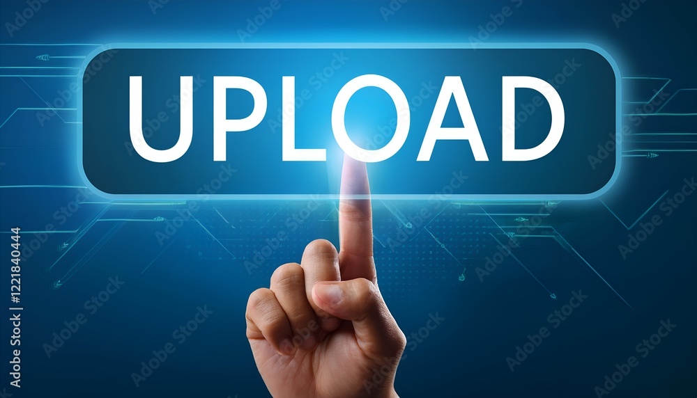 Poster businessman pushing web button download , hand pressing upload button on interface with blue backgro
