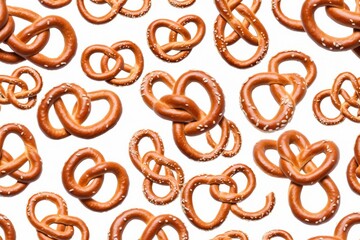 Obraz premium Pattern of salted pretzels on a white background with a closeup view of crunchy and baked snacks, showcasing a delicious and tasty treat for breakfast or dessert