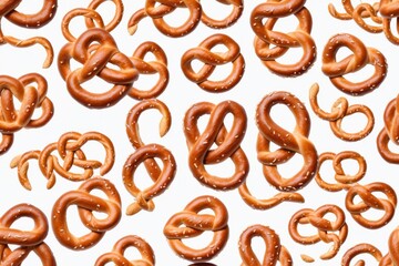 Pattern of salted pretzels on a white background with a closeup view of crunchy and baked snacks, showcasing a delicious and tasty treat for breakfast or dessert