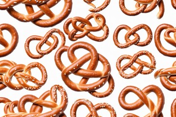 Pattern of salted pretzels on a white background with a closeup view of crunchy and baked snacks, showcasing a delicious and tasty treat for breakfast or dessert