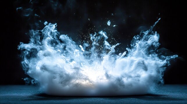 Ethereal blue cloud bursts dramatically illuminated by bright inner glow creating intense visual impact. AI Generated