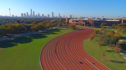 Aerial view of a running track with a city skyline in the background.