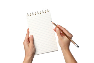 PNG,Notebook in hands, isolated on white background
