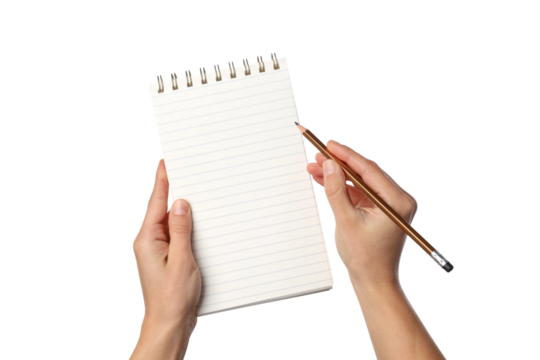 PNG,Notebook in hands, isolated on white background