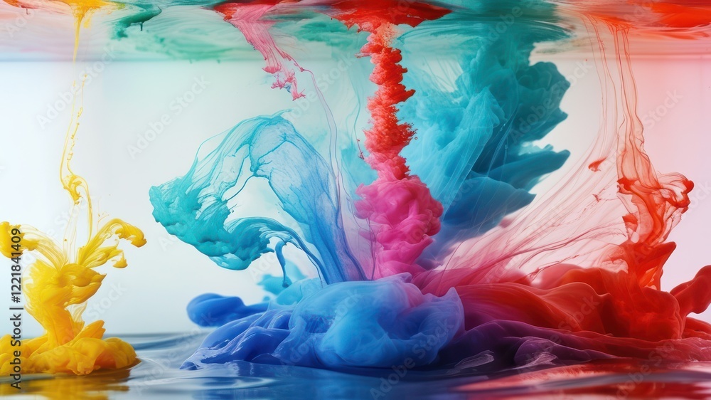 Poster vibrant ink splashes underwater, creating a dynamic abstract art display, ideal for creative and art