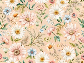 Peach Pastel Floral Pattern: Daisies & Abstract Flowers - Spring Summer Fabric Design