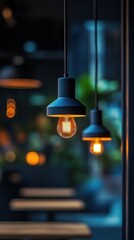 Obraz premium Illuminating Ambiance Stylish Pendant Lamps Casting Warm Glow in Modern Decor Suspended lighting fixtures create a cozy inviting atmosphere in a residential commercial or hospitality setting