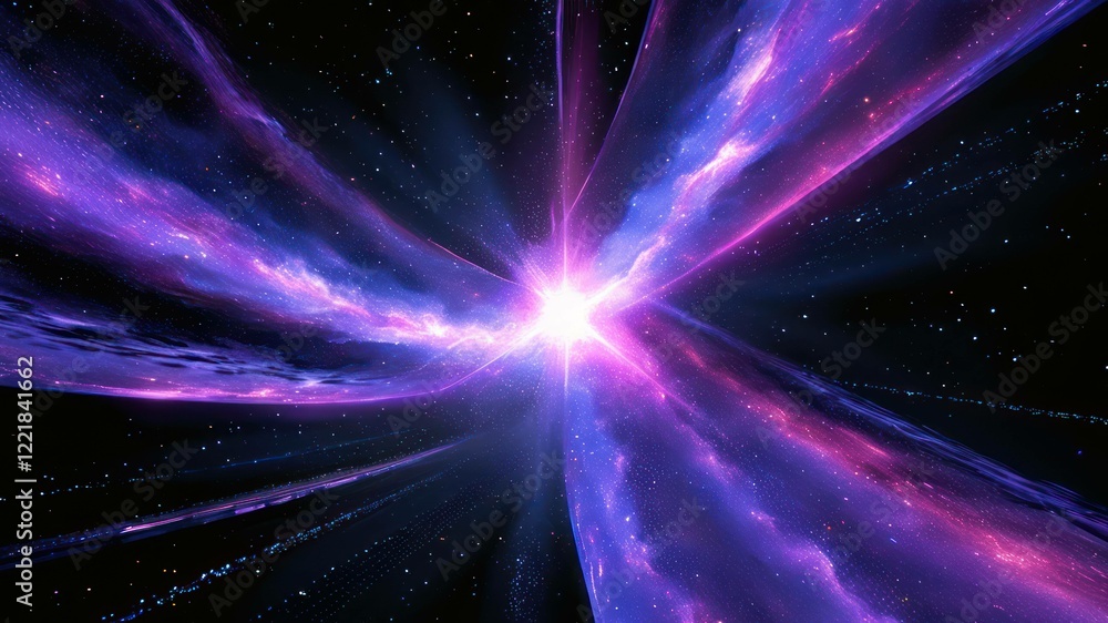Poster vibrant cosmic burst depicting energy and depth in the universe through abstract, colorful patterns 