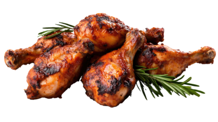 Grilled Chicken Drumsticks: A mouthwatering close-up of perfectly grilled chicken drumsticks, glistening with savory juices, and adorned with fresh rosemary sprigs, ready to tantalize taste buds. 