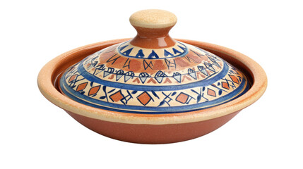 Traditional Moroccan Tagine: A handcrafted terracotta tagine, a symbol of Moroccan cuisine, adorned with intricate blue and orange geometric patterns.