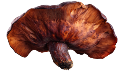Mushroom Macro: A mesmerizing close-up of a single, vibrant mushroom, showcasing its intricate cap, textured gills, and robust stem in a rich palette of earthy browns and reds.