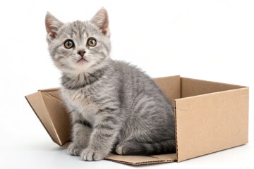 Playful Kitten Sitting in a Cardboard Box on a White Background - Perfect for Pet-Themed Content