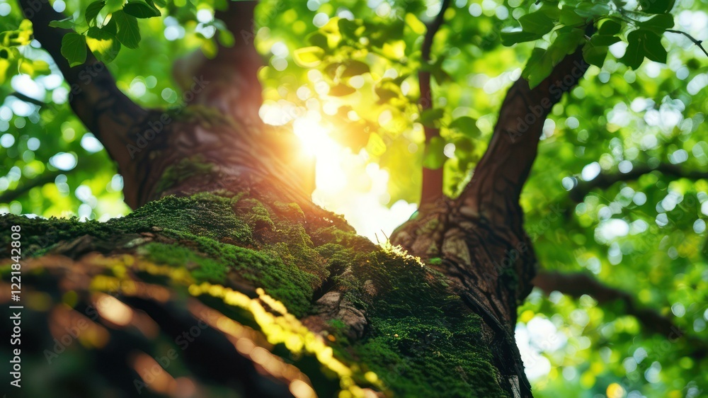 Poster sunlight filters through vibrant green leaves of a tree, creating a serene atmosphere in a lush natu