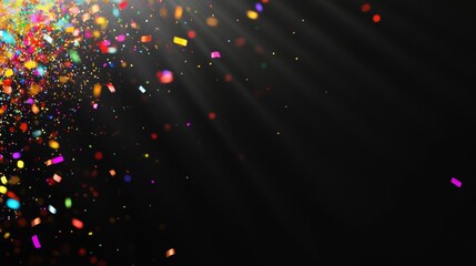 Abstract glittery birthday background with rainbow light rays and confetti, dark black background video footage copy space.