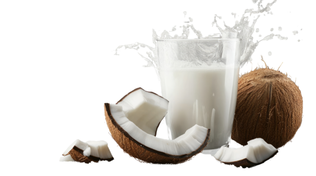 Coconut Milk Splash:  A refreshing glass of coconut milk is presented with a dramatic splash,  surrounded by chopped coconut pieces. The scene evokes tropical vibes and healthy hydration.