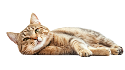Relaxed Tabby Cat: A charming tabby cat lies comfortably on its side, gazing serenely into the distance. Its soft fur and relaxed posture exude a sense of calm and contentment.