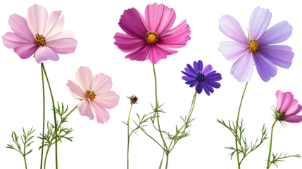 Cosmos Flowers in Bloom: A vibrant collection of cosmos flowers in various shades of pink, purple, and lilac, showcasing their delicate petals and elegant stems.  