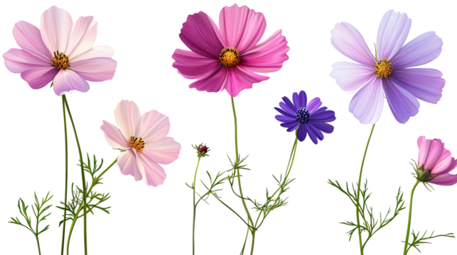 Cosmos Flowers in Bloom: A vibrant collection of cosmos flowers in various shades of pink, purple, and lilac, showcasing their delicate petals and elegant stems.  