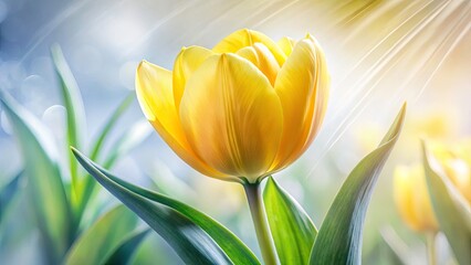 Naklejka premium Long Exposure Yellow Tulip Watercolor Painting, White Background, Floral Photography, Macro Shot