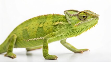 Naklejka premium Vibrant Green Chameleon on White Background - Study of Reptile Texture and Color Adaptation