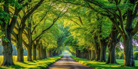 Obraz premium Serene Pathway Through Lush Linden Alley with High Depth of Field, Inviting Nature Walks and Tranquil Scenery in a Picturesque Environment