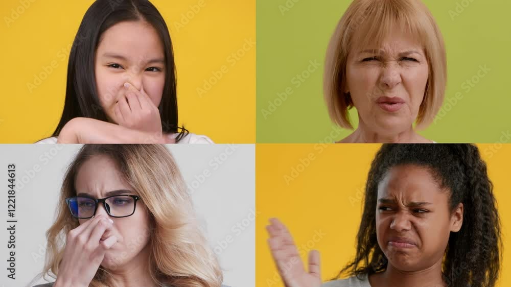 Poster a collection of diverse individuals showcasing various emotions through gestures, including disgust 