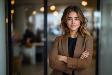 Fototapeta premium Portrait of successful business woman inside office, standing with arms crossed. mocha mousse suit, businesswoman, business, portrait, happy, arms crossed, executive, professional, success, manager