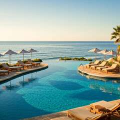 Fototapeta premium A sparkling infinity pool merges with the horizon, offering breathtaking ocean views
