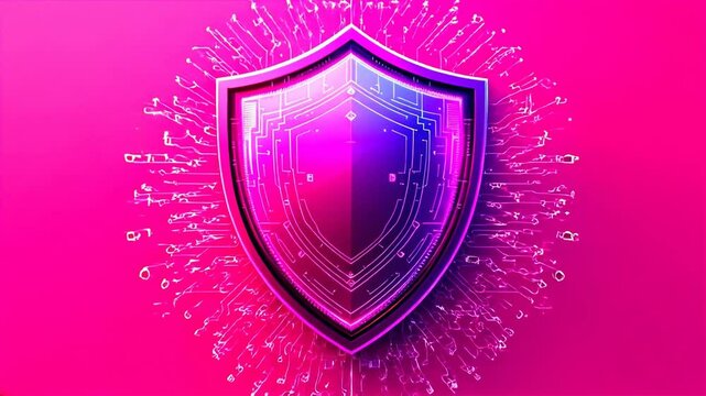 Digital Security Shield Concept with Circuit Design on a Vibrant Pink Background
