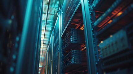 Fototapeta premium Cool blue light illuminates rows of powerful servers inside a data center. AI Generated