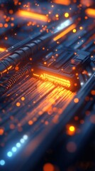 Futuristic technology circuit board with glowing fiber optic lights and neon energy concept  Abstract digital background with electronic circuits computer hardware and telecommunication networks