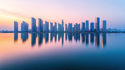 Aerial view downtown composition concept. City skyline at sunset reflecting on water, showcasing modern architecture and vibrant colors.