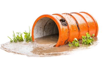 Overflowing sewer during heavy rain with green plants nearby