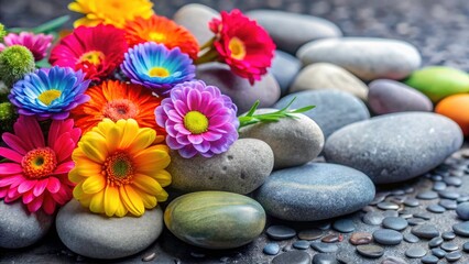 Fototapeta premium Stunning Flower and Stone Arrangements: Beautiful Floral Still Life Photography with Copy Space