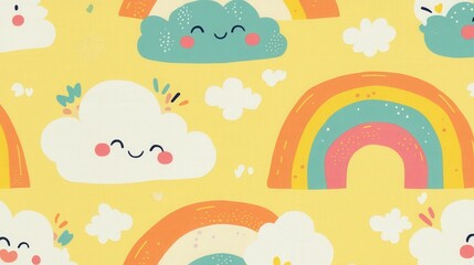 Naklejka premium Cute Clouds and Rainbows Pattern on Bright Yellow Background