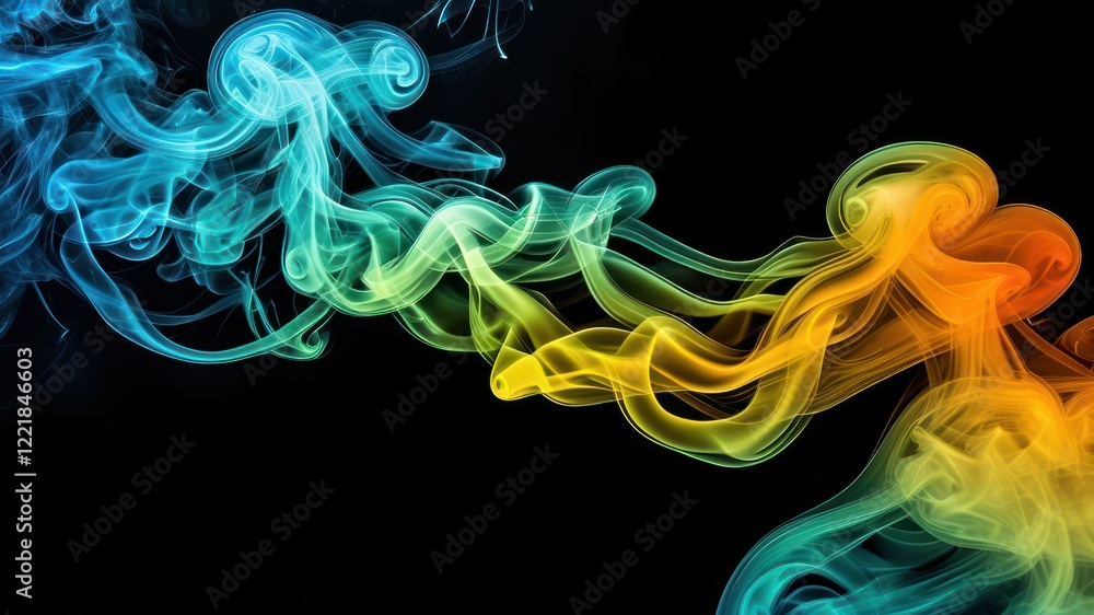 Poster vibrant smoke swirling in dynamic patterns, creating an ethereal and tranquil atmosphere perfect for