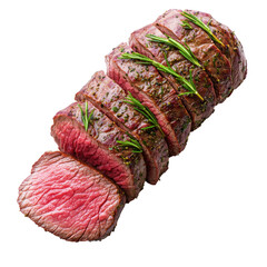 Fototapeta premium Juicy Medium Rare Beef Tenderloin Slices on a Cutting Board