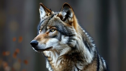 Wolf portrait showcasing intense gaze in natural forest habitat, symbolizing strength and wild beauty