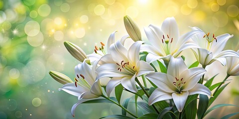 Fototapeta premium Stunning White Lily Flowers, Elegant Floral Photography, Pure White Lilies, Beautiful Lily Blooms, Close Up Lily Image