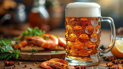 Spices, beer, crayfish, shrimp with mussels, seafood, dinner. Concept of pleasure and relaxation